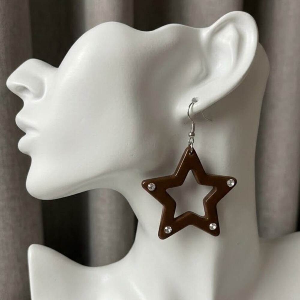 Vintage Y2K Brown Rhinestone Star Dangle Earrings 2.5”